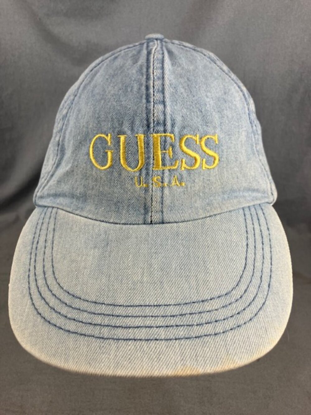 Vtg Guess Jeans USA Denim Chambray Snapback Hat Cap Distressed Fade 90s Era